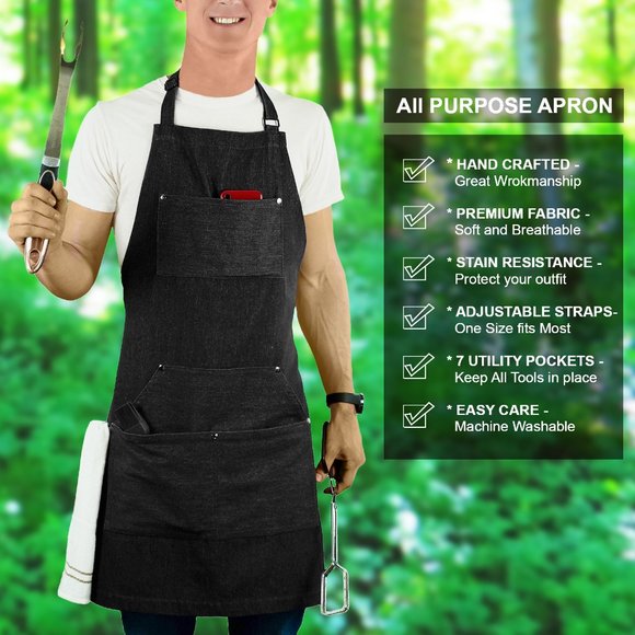 😍NWOT 1 PC UNISEX PREMIUM DENIM APRON BLACK ALL PURPOSE KITCHEN BBQ WORK PAINT - Picture 3 of 9